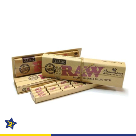 RAW CLASSIC NATURAL UNREFINED ROLLING PAPERS CONNOISSEUR KING SIZE SLIM + PRE-ROLLED TIPS 24 PER BOX